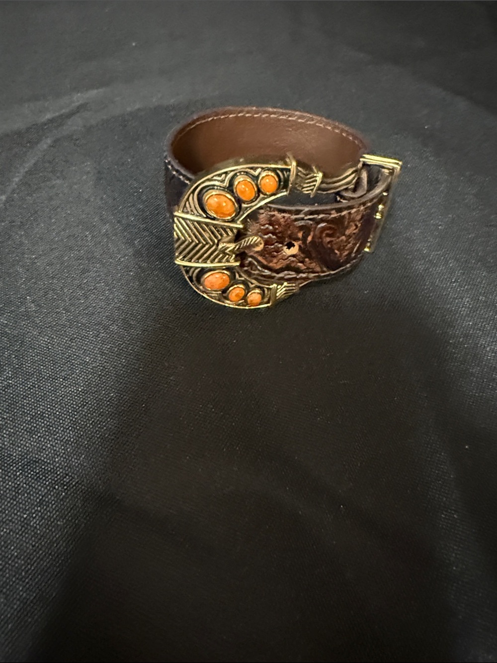 Studio Barse Brown Leather Bracelet with Orange Stone and Gold Buckle